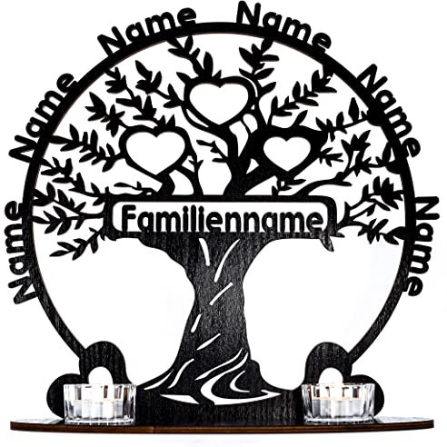 Waluna® Lebensbaum Teelichthalter Weihnachten personalisiert mit bis zu 6 Namen Familienbaum mit Familienname Stammbaum Kerzen in 12 Farben Tischdeko