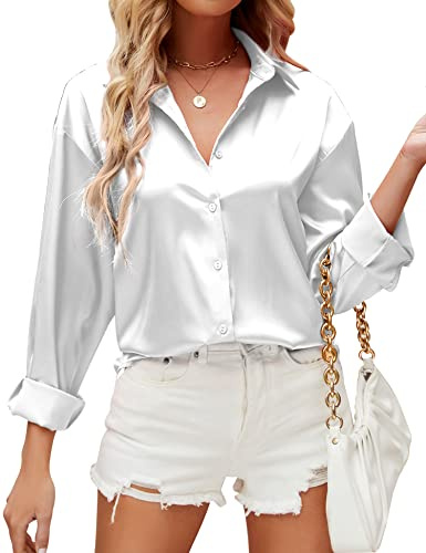 HANERDUN Blusas Mujer Elegantes Camisas Manga Larga Camiseta Raso Color Liso Top Fiesta Empresa Casual
