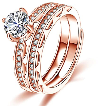 Bellitia Jewelry Anillos Banda de Boda Compromiso Promesa de Plata Esterlina 925 Chapado Oro Rosa, Anillo Apilable Ajustable con Circonita Cúbica para Mujeres