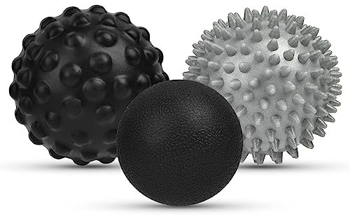 URAQT 3Pcs Massage Ball Set, Spiky ＆ Lacrosse ＆ PU Foam Bump Fascia Ball, Body and Foot Massage Roller, Muscle Massager Hard Exercise Ball for Plantar Fasciitis, Trigger Point Therapy