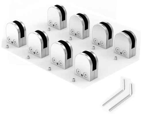 Toolzia 8 PCS Stainless Steel 304 Glass Clamps, Adjustable 8-10mm (5/16 – 25/64) Glass Bracket Flat Back for Staircase Balustrade Handrail with 2Pcs Hexagon Driver