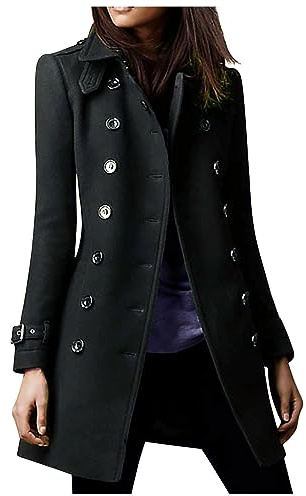 Susenstone Femme Manteau en Laine Mélangée à Double Boutonnage Hiver Chic Chaud Mi-Long Épaulette Mince Blazer Couleur Unie Coupe-vent Blouson
