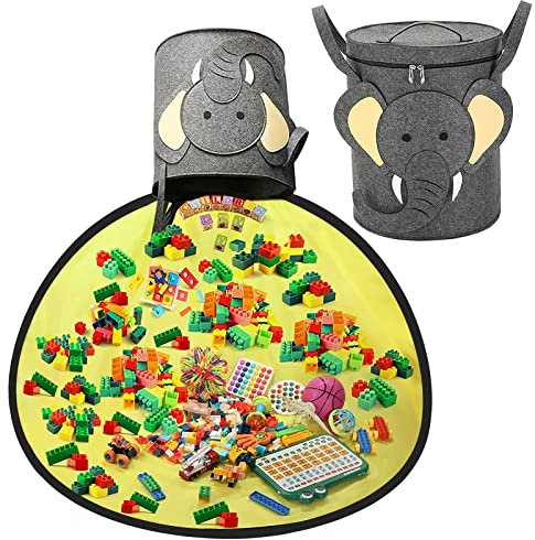 Modojuny Kids' Toy Storage Organizers with Play Mat, Foldable Large Kids Canvas Bag/Bin with Zipper for Building Blocks, Cars, Dolls and Other Toys - Elephant Pattern