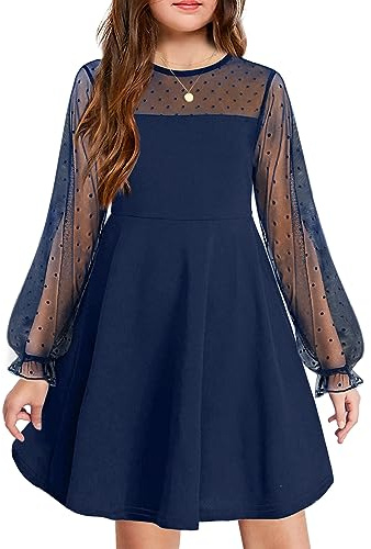 Arshiner Robe à Manches Longues pour Filles en Maille Ligne a élégante décontractée Tenue de soirée Princesse à Volants Bleu Marine été 150 11-12 Ans