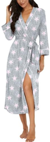 PrinStory Women Dressing Gowns Causal Kimono Robes Long Bathrobe Soft Womens 3/4 Sleeve Ladies Loungewear (Pink Star, M)