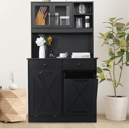 MAMIZO Double Tilt Out Trash Cabinet, 67.7 Large Double Storage Cupboard, Garbage Can Holder 2x10 Gallon, Pet Proof Recycling Cabinet, Wood Laundry Closet, W/Countertop and Drawer, Shelves (Black)