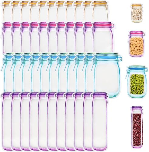 bssmmai 40pcs Mason Jar Bottles Bags Reusable Zipper Lock Food Storage Bags 5 Sizes Leakproof Food Saver Sealing Bag Portable Zipper Lock Snack Fresh Bags for Seeds Candy Biscuits Spices