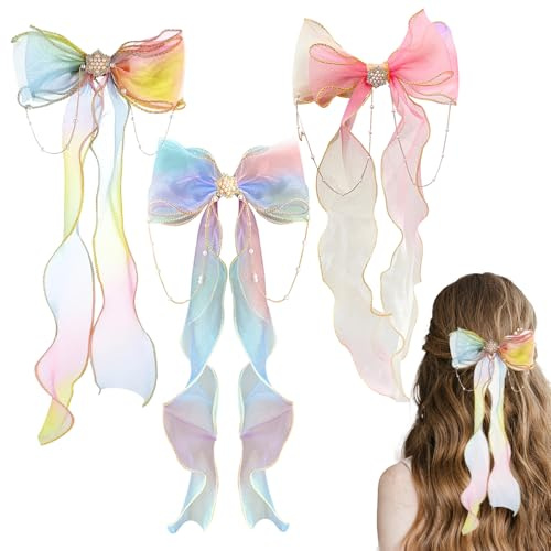 3PCS Hair Bows Ribbon Barrettes - Colorful Big Bow Hairpin for Girls, Teens, Ladies - Princess Wedding Birthday Party Accessories