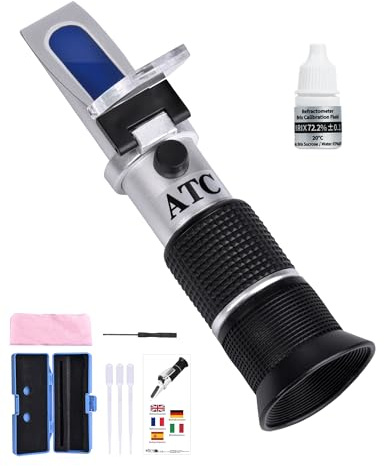 Refractómetro de miel 3 en 1 con ATC Brix 58–92 %, contenido de agua en la miel 12–27 %, Baume 38–43° Refractómetro manual para miel con solución de calibración al 72,2 % – Ideal para miel, jarabe