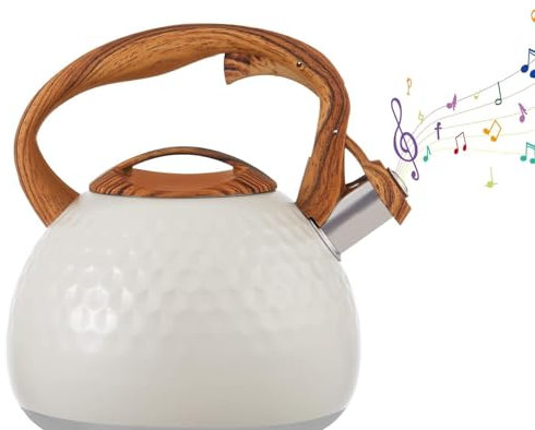 CROWNSHOP 3L Whistling Kettle Large Capacity Stainless Steel Whistling Camping Kettle with Wood Handle Stove Top Kettle for Kitchen Gas Stove Induction Induction Cooker White 22 * 16.5 * 10CM