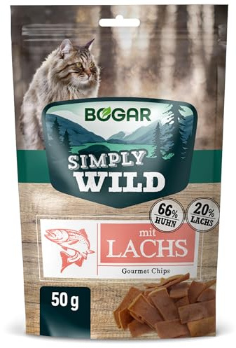 Bogar – Simply Wild – Katzenleckerlis – Ergänzung zur Katzenfutter – Knusprige Leckereien für Katzen mit Lachs – Für Genuss & Katzenpflege – In Form von Zarten Fleischstreifen – 50 g
