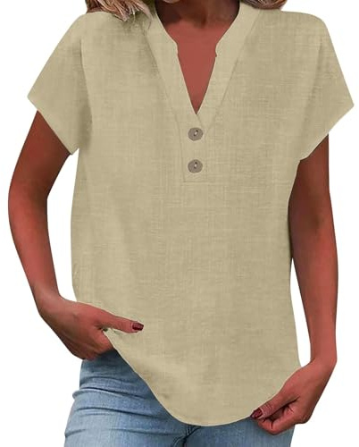 Uwdiohq Chemise Femme Coton et Lin Chemise Boutonnée à Manches Courtes et Col en V pour Femmes Chemisier Femme Chic et Élégant Tops Plus Size de Couleur Unie (Plusieurs Couleurs et Tailles)