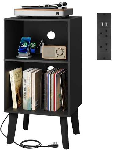 WLIVE Side Table with Charging Station, 3-Tier Record Player Stand, Wooden Turntable Stand Cabinet for Music Room, Bedside Table for Living Room, Bedroom and Small Spaces, Black