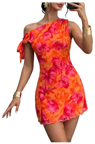 GORGLITTER Women's Asymmetrical Hem Bodycon Mini Dress Tie One Shoulder Floral Sleeveless Wedding Guest Pencil Short Dresses Orange Small