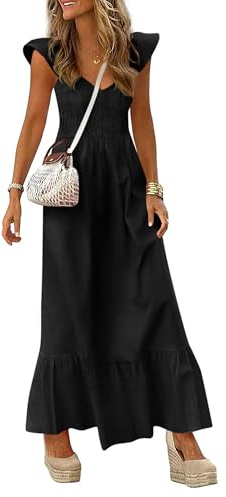 PRETTYGARDEN Women's 2026 Summer Casual Maxi Dresses Cap Sleeve V Neck Smocked Long Pockets Party Sundress Vacation Outfits (Black,Medium)