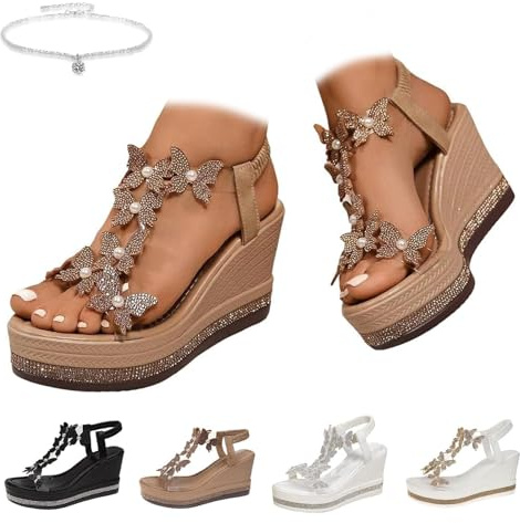 Sandalias de mariposa para mujer 2026, tacones de cuña con puntera abierta y plataforma de diamantes de imitación, suela gruesa, correa elástica transparente, sandalias bohemias de punta abierta para