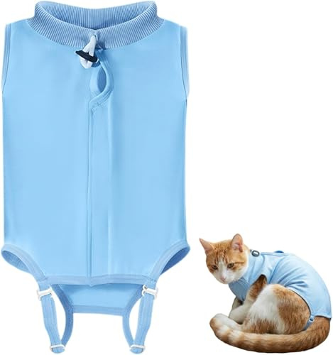 Kattbody efter oper-återhämtningsdräkt, kastrering, avvänjning, läckageskyddsdräkt för katt, magsår eller hudsjukdomar, L, blå