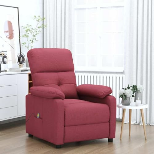 RuiNingRN Fauteuil de massage en tissu bordeaux avec fonction allongée manuelle, 6 programmes de massage, fonction vibration, design ergonomique, housse durable, cadre en bois et métal stable pour