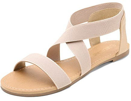 DREAM PAIRS Women's Elastic Ankle Strap Flat Sandals Summer Dressy Shoes Cute Strappy Gladiator Sandals ELATICA-6,Size 6.5,Nude,ELATICA-6