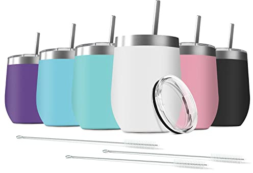 Deitybless 6 Pack 12 oz Stainless Steel Wine Tumbler with Lids, Double Wall Vacuum Insulated Travel Cup Including 6 Straws Set for Coffee, Cocktail, Drink, Tea and Beer (Assorted Colors)