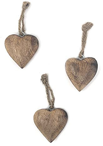 3er Set Herz Anhänger Holz Natur je 5 cm, Massiv Holzherzen zum Hängen Holz-Deko Mitbringsel Hochzeitsdeko Raumdeko