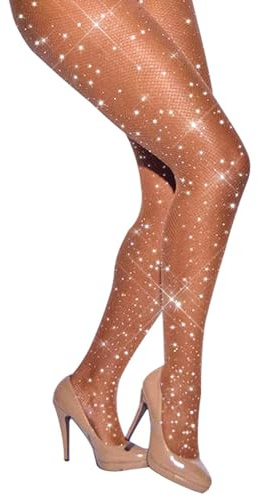 VINICUNCA Fishnet Stockings for Women Sparkly Rhinestone Fishnet Tights Glitter Fish Nets (US, Alpha, Medium, X-Large, Regular, Regular, Nude-mini Grid)