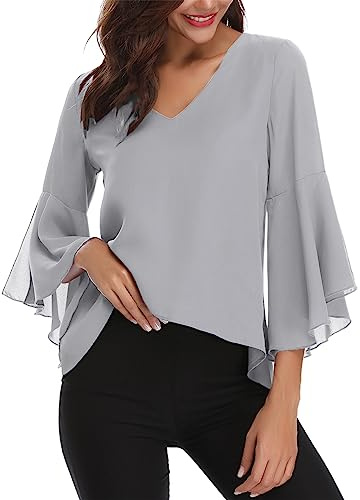 Gyabnw Blusa Donna Elegante in Chiffon Estiva Camicia Casual Traspirante 3/4 Manica Volant Scollo a V Blusa B-Grigio,XXL