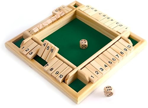KAV Wooden Shut The Box Table Board Game for 2-4 Players with 10 Number Sided Dice, Perfect Traditional Solitaire and Puzzle Game for Kids and Adults
