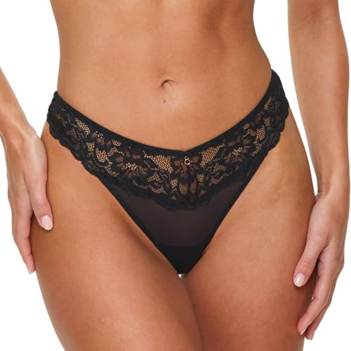 Ann Summers Sexy Lace Thong Low-Rise Womens Lingerie Underwear with Mesh Back, Delicate Floral Lace & Centre Charm, Cotton Gusset Knicker– Stylish and Comfortable G String for Minimal Lines Black