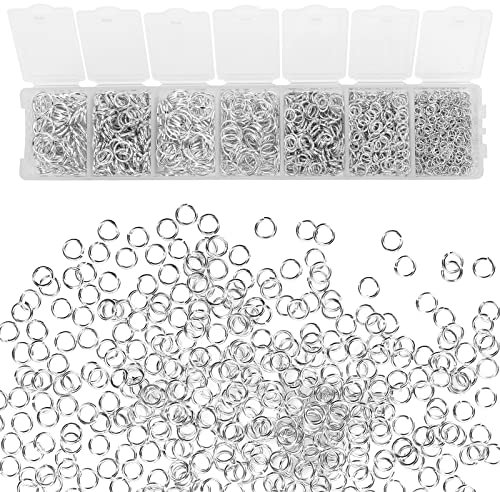Sibba 1500 Pcs Jump Rings Small Split Ring Silver Plated Jewelry Necklace Connectors Repair kit Single Loop Open Chain Links 7 Sizes DIY Charm Making Bracelet Arts Crafts Organization Box Set