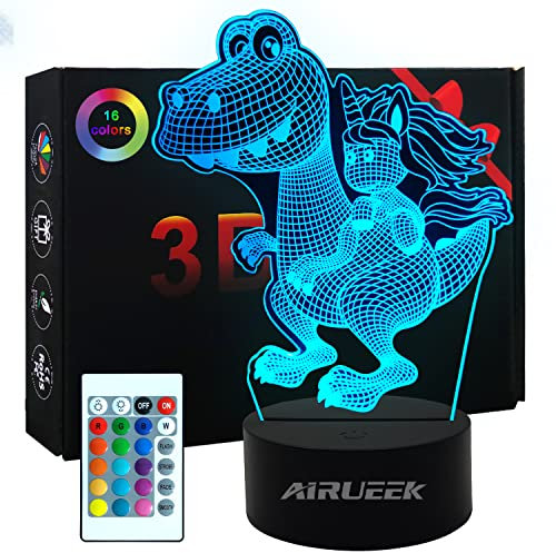 AIRUEEK Lampara 3D Dinosaurios Juguetes Luz Nocturna Infantil-16 Variaciones De Color/1 Control Remoto/1 Base,unicornio luz Decoración Regalos De Creativo Juguetes Para Niños Niñas