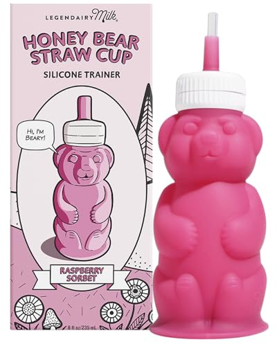 Legendairy Milk Honey Bear Straw Cup for Baby & Toddler, Silicone Squeeze Training Straw Cup, Leak Resistant Baby Sippy Cup with Straw, BPA Free, Dishwasher Safe, Bottle Transition, 8 oz, Pink