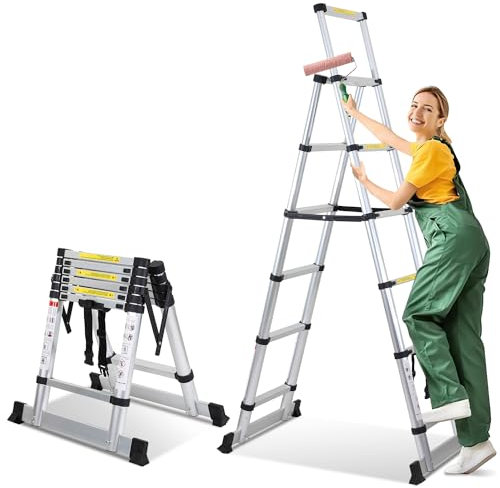 Cecaylie Escalera telescópica Plegable de 1,7 m + 2 m, Escalera de Aluminio Antideslizante, Escalera Multiusos, Escalera Extensible, Escalera de Aluminio, Capacidad de Carga máxima 150 kg