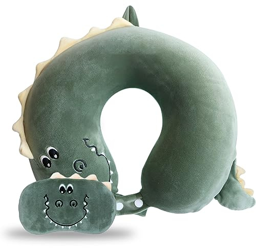 MissSoul Reisekissen, Kinder-Reisekissen mit Schlaf-Augenmaske, weiches Memory-Schaum-Nackenkissen für Kinder, Jungen & Mädchen, Teenager, Reisezubehör für Flugzeug – Dinosaurier-Nackenkissen