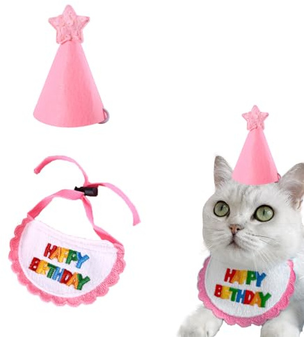 RTRTGS Pet Cat Dog Happy Birthday Bandana Sciarpe e Cappello da Festa,Mini Doggy Cat Decorazione Festa di Compleanno Pet Compleanno Outfit Pet Costumi Accessori Copricapo Rosa(Lunghezza regolabile)