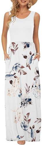 AUSELILY Summer Dresses for Women Casual Sleeveless Ladies Maxi Dress Long with Pockets White Flowers M