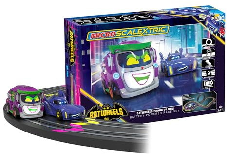 Micro Scalextric G1186M Batwheels Bam vs Prank Battery Powered Race Set -Slot Car racing for Kids age 4 + with stunt loop race track