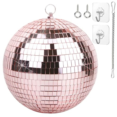 Bola de discoteca 20 cm con cadena y gancho – Bola de espejos para fiestas, DJ, club y escenario, rosa pálido