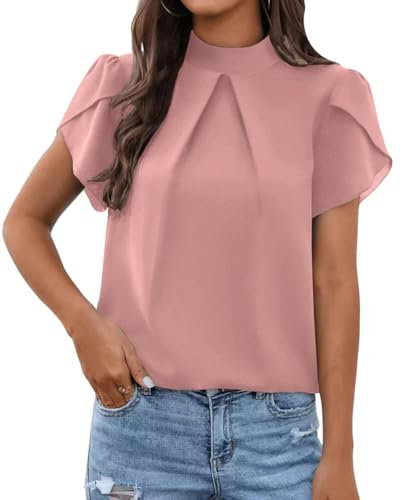 Arevill Bluse Damen Kurzarm Tunika Sommer Stehkragen Chiffon Oberteile Tops Lässig Plissee Tops Blusen Elegant Shirt Rüschen Trim Frauen Hemd Einfarbig