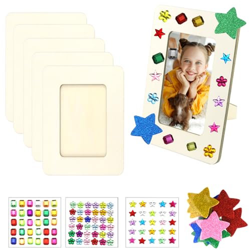 GMMG Bilderrahmen Holzrahmen Kinder Diy Holzfarbe Bastelset Holzbilderrahmen Set zum Selbstgestalten mit Selbstklebende Glitzersteine für Geburtstage Jubiläen (6 Stück)