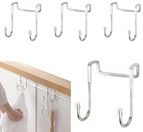 XCRPRT Türhaken 4 Stück Kleiderhaken Doppelhaken, Edelstahl Ohne Bohren Haken, Dusche Türhaken Türhänger Haken für Küche Badezimmer Wohnzimmer(Silber