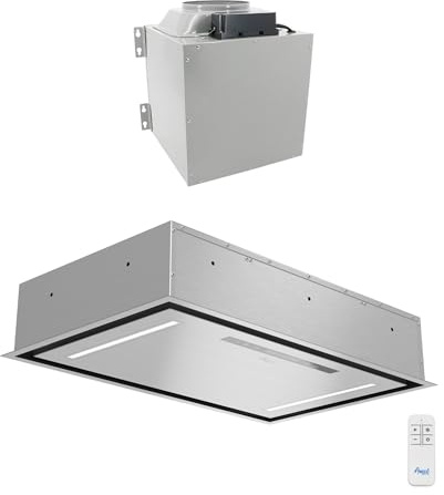 Awoco 30”W Flush Ceiling Mount Split Insert Range Hood, Stainless Steel 4 Speeds 1000 CFM, 8” Round Top Vent LED Lights Remote Control (30W 19D 8 Vent)