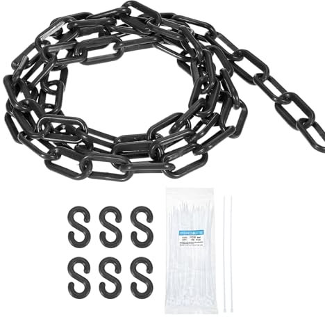 sourcing map Cadena de plástico de 9,2 m, cadena de seguridad, barrera de eslabones de plástico negro con bridas de cremallera y ganchos en S para decoración de valla de línea de cola de control de