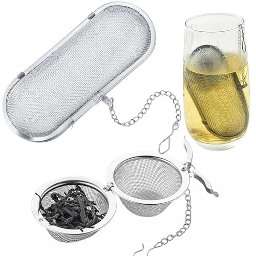 2 Pezzi Colino da Tè in Acciaio Inox 304, Infusore per Tisane,Filtro te Infusione per Tè Sfuso, Spezie ed Erbe - Filtro da Tè a Maglie Fini con Catena, (Ellittico, Sferico)