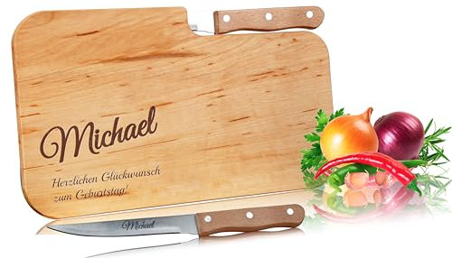 Personalisiertes Frühstücksbrettchen mit Messer aus Holz 26x16cm - Messerbrettchen, Küchenbrett Vesperbrett, Geburtstagsgeschenk, Vatertag, Muttertag, Geschenkidee für Frauen und Männer Namensgravur
