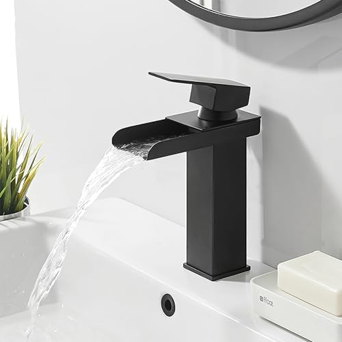XWIHTR Grifo de baño cascada, grifo de baño de acero inoxidable y latón, ahorro de agua, grifo para lavabo, caño caliente y frío, grifo de lavabo con una manija (negro)