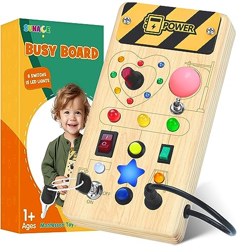 Montessori Busy Board - Montessori Spielzeug ab 1 Jahr Holzspielzeug mit 8 Schalter 15 LED Motorikspielzeug Activity Board Schalter Spielzeug für Jungen Mädchen ab 1 2 3 Jahre (Standardausgabe)
