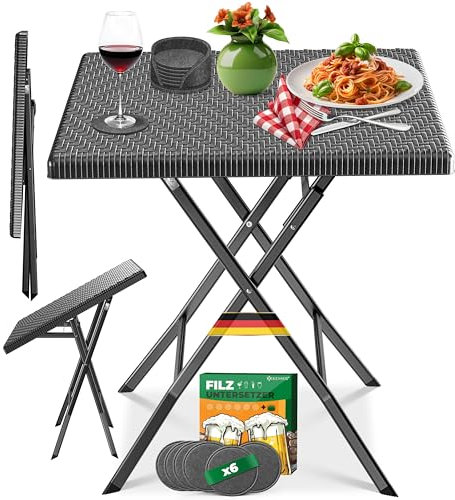KESSER® Table de balcon pliable Résistante aux intempéries et UV En acier rotin Table extérieure avec 6 dessous de verre en feutre Charge maximale : 100 kg