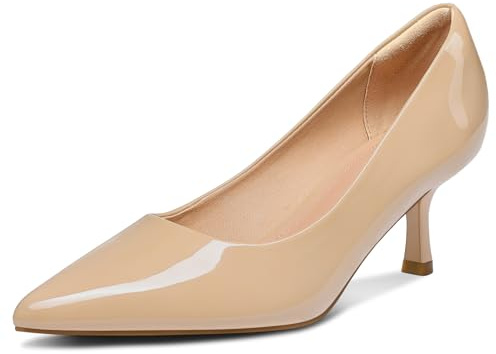 mysoft Kitten Heels for Women Low Heel Pumps 2 Inch Closed Toe Wedding Dress Shoes Nude Patent