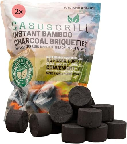 2 x bambugrillkolbriketter per 1 kg – hållbart träkol med snabbsyliter, kan användas utan tändare, grillredo på 5–8 minuter, luktfri, 3 timmar. Bränntid, miljövänlig